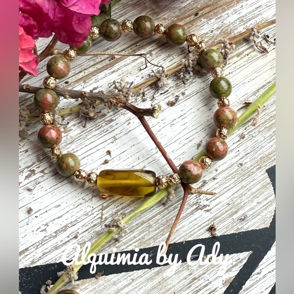 Lava rock unakite handmade beaded bracelet - Picture 1 of 1